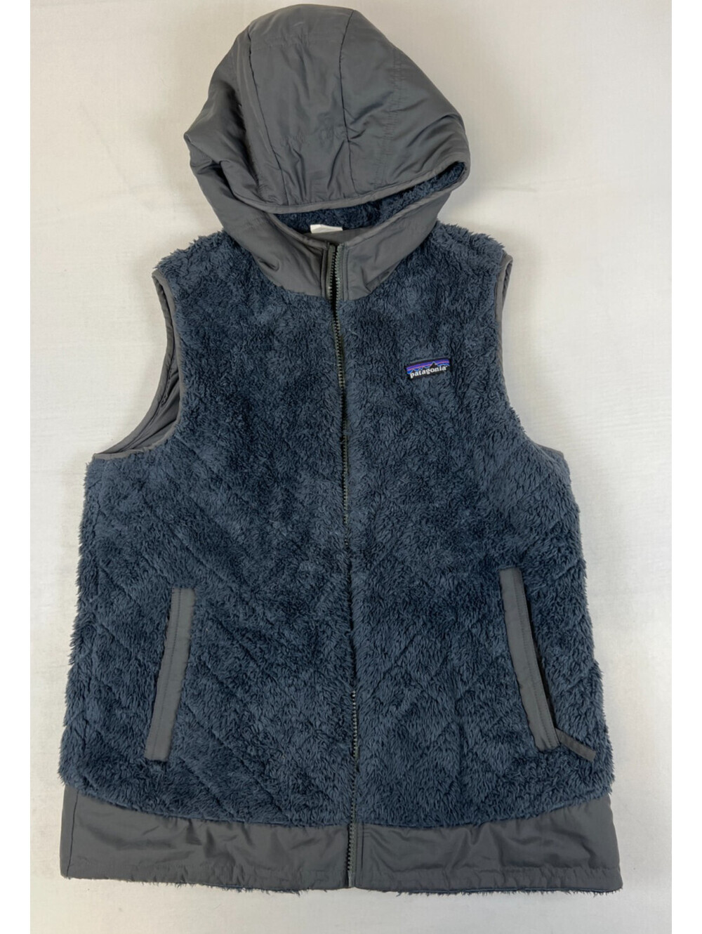 Patagonia Women M Gray Fleece Full Zip Hooded Vest Reversible Outerwear